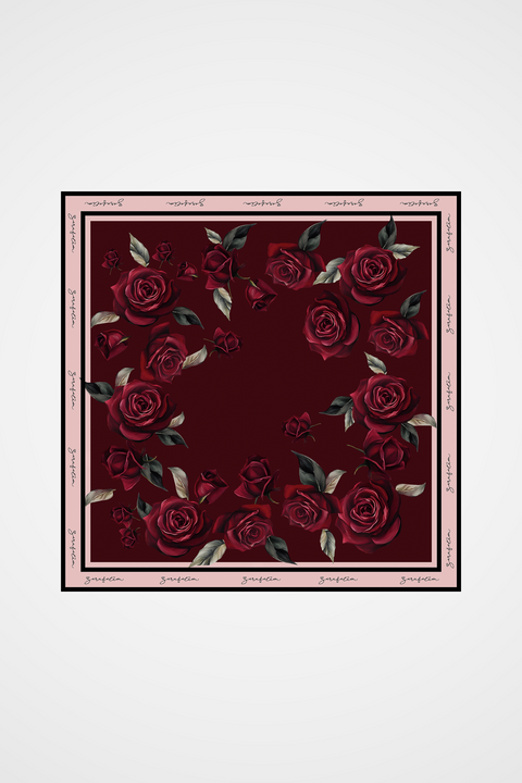 Rosalia Bordo-Koyu Kırmızı Tivil İpek Eşarp 90x90