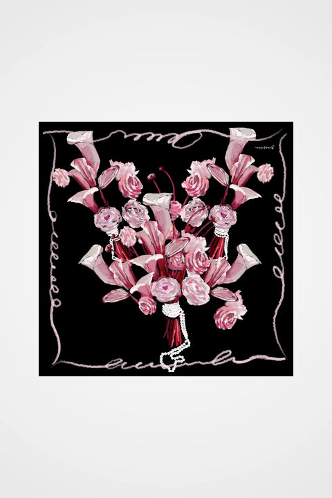 İncili Zerafet Siyah-Rose Pink Tivil İpek Eşarp 90x90