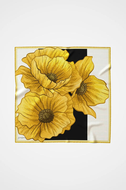 Exclusive Üç Çiçek Krem-Sarı Tivil İpek Eşarp 90x90