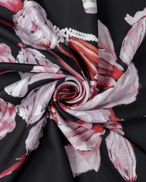 İncili Zerafet Siyah-Rose Pink Tivil İpek Eşarp 90x90