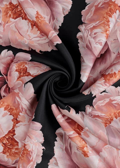 Peony Siyah-Soluk Pembe Tivil İpek Eşarp 90x90