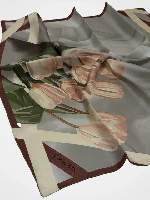 Exclusive Lale Pudra-Pembe İpek Tivil Eşarp 90x90