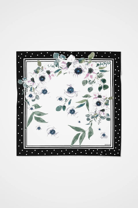 Anemon Siyah-Beyaz Tivil İpek Eşarp 90x90