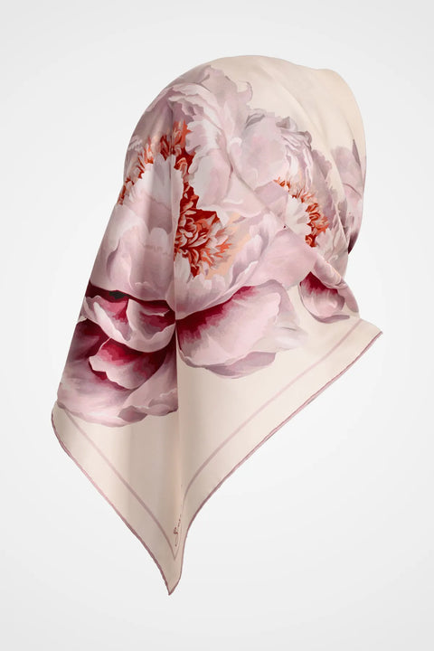 Peony Krem-Gül Kurusu Tivil İpek Eşarp 90x90
