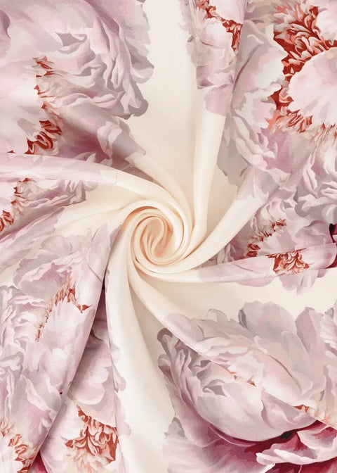 Peony Krem-Gül Kurusu Tivil İpek Eşarp 90x90