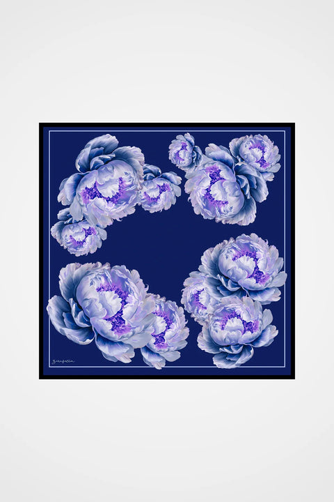 Peony Desen Gece Laciverti-Lila Tivil İpek Eşarp