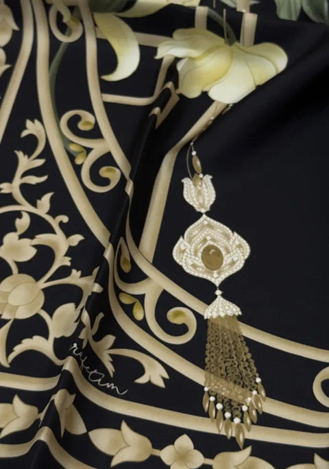 Saraygülü Siyah-Gold Sarı Tivil İpek Eşarp 90x90