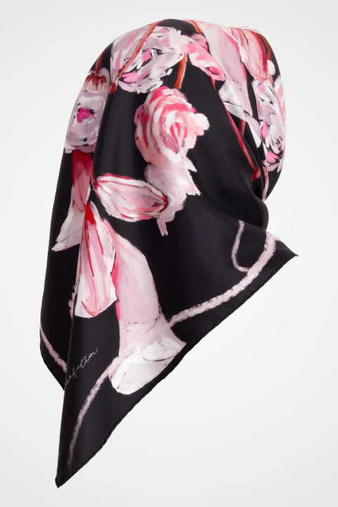 İncili Zerafet Siyah-Rose Pink Tivil İpek Eşarp 90x90