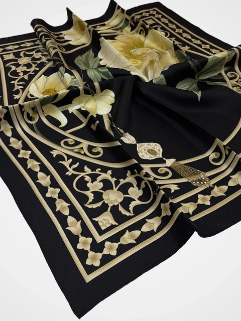 Saraygülü Siyah-Gold Sarı Tivil İpek Eşarp 90x90