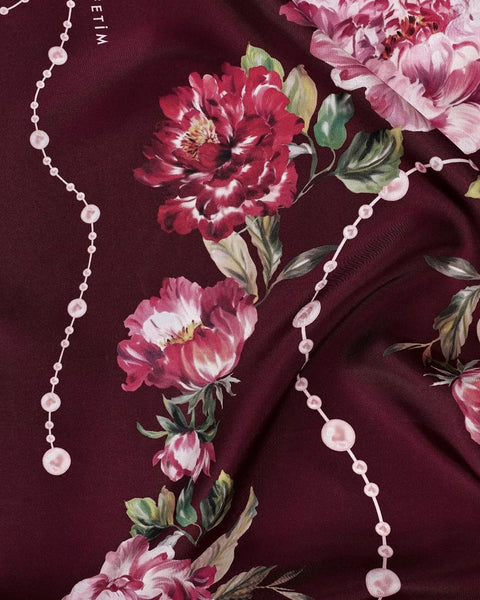 Buket İnci Desen Bordo-Pembe Tivil İpek Eşarp