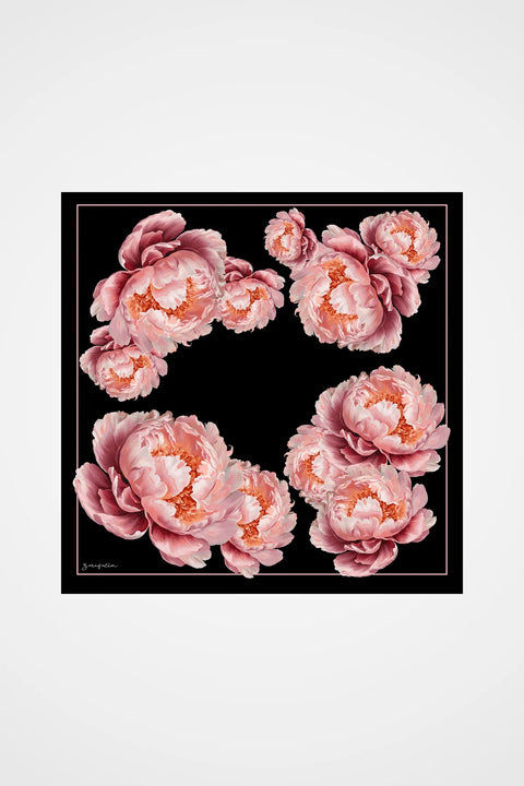 Peony Siyah-Soluk Pembe Tivil İpek Eşarp 90x90