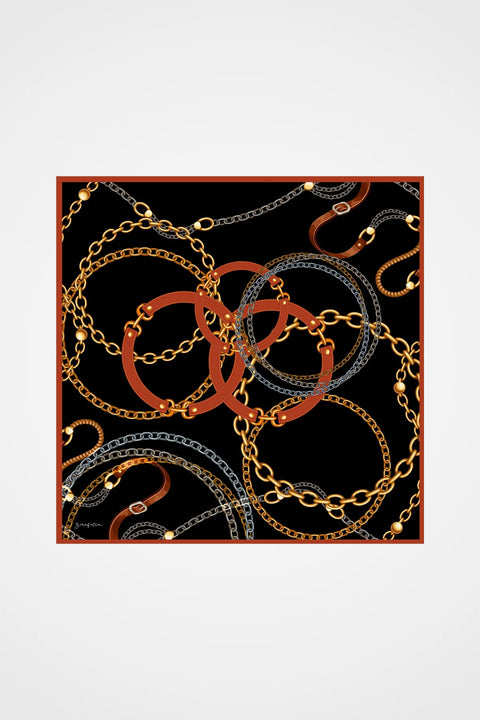 Daire Zincir Siyah-Gold Tivil İpek Eşarp 90x90