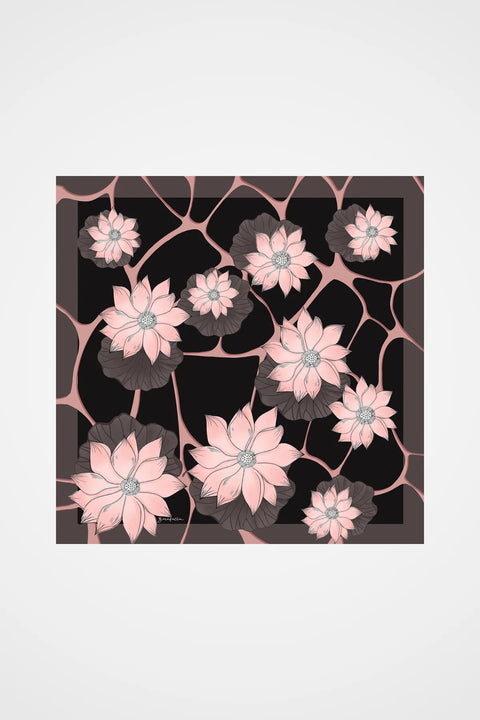 Lotus Desen Siyah Pembe Tivil İpek Eşarp 90x90