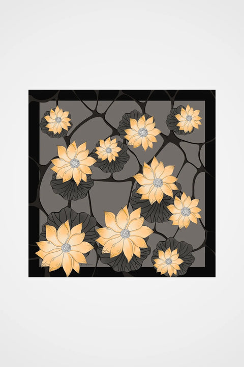Lotus Desen Siyah-Sarı Tivil İpek Eşarp 90x90