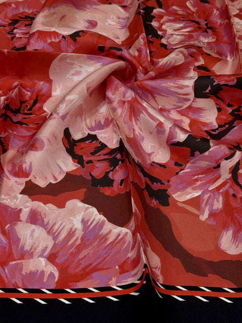 Peony Bouquet Mercan-Kırmızı Tivil İpek Eşarp 90x90