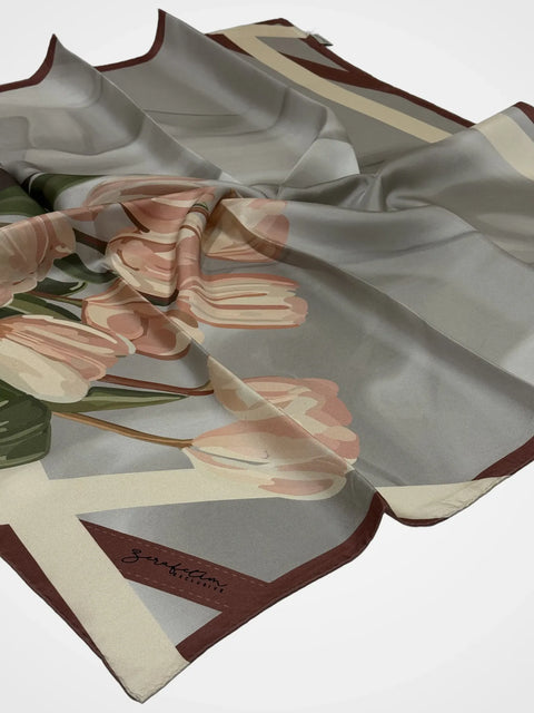Exclusive Lale Pudra-Pembe İpek Tivil Eşarp 90x90