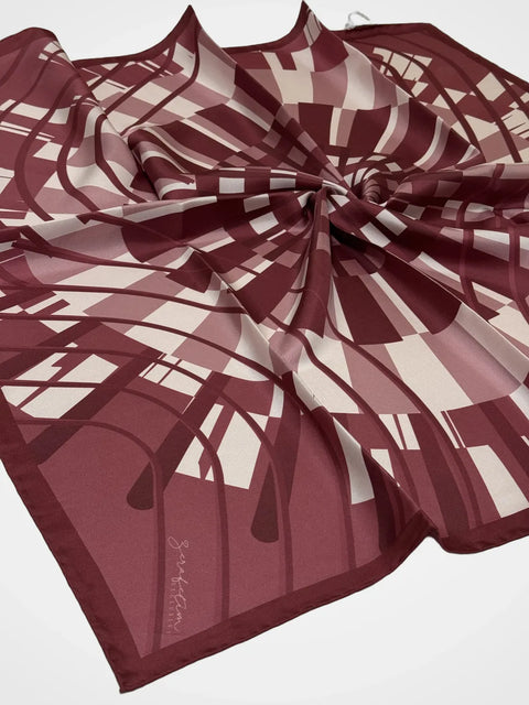 Exclusive Optik Bordo-Krem Tivil İpek Eşarp 90x90