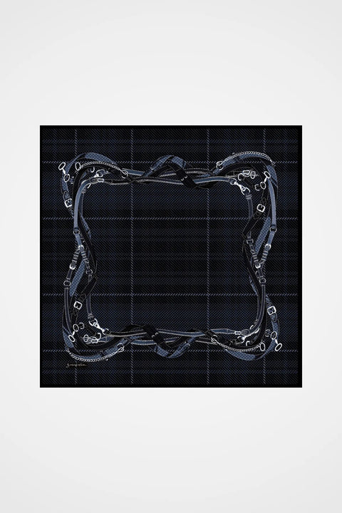 Exclusive Ekose Mavi-Lacivert Tivil İpek Eşarp 90x90