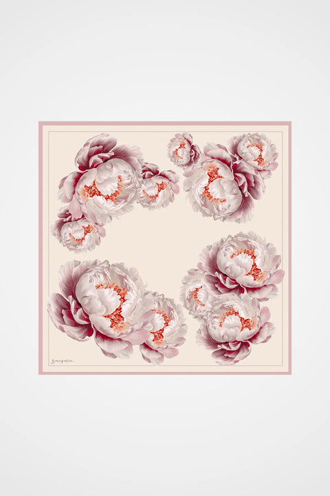 Peony Krem-Gül Kurusu Tivil İpek Eşarp 90x90