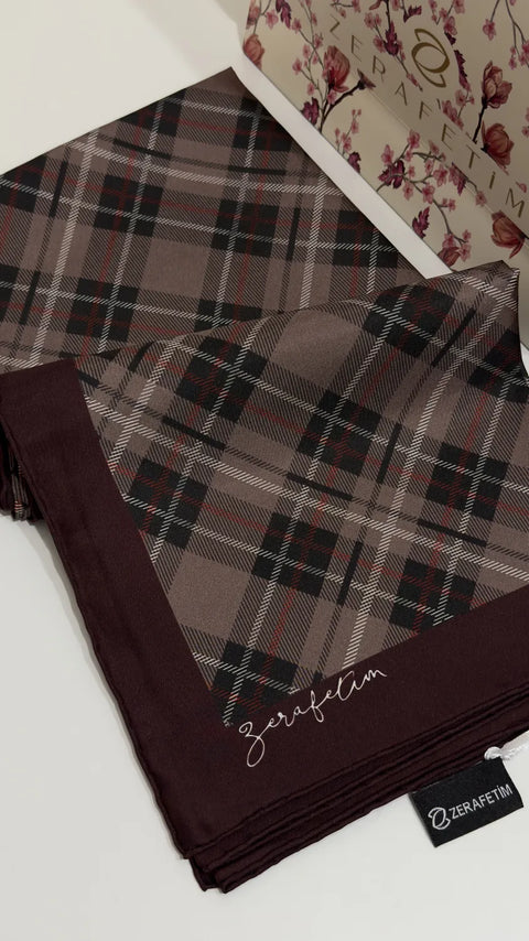 Tartan Kahve-Dark Brown Tivil İpek Eşarp 90x90
