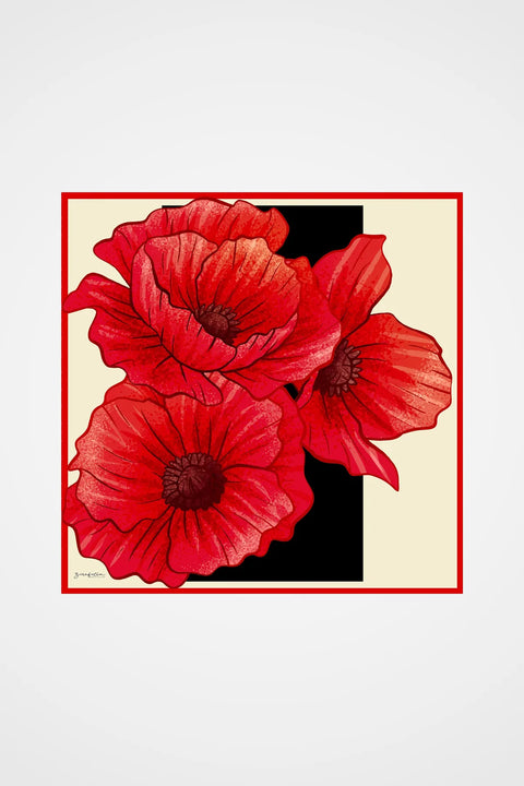 Exclusive Üç Çiçek Krem-Kırmızı Tivil İpek Eşarp 90x90