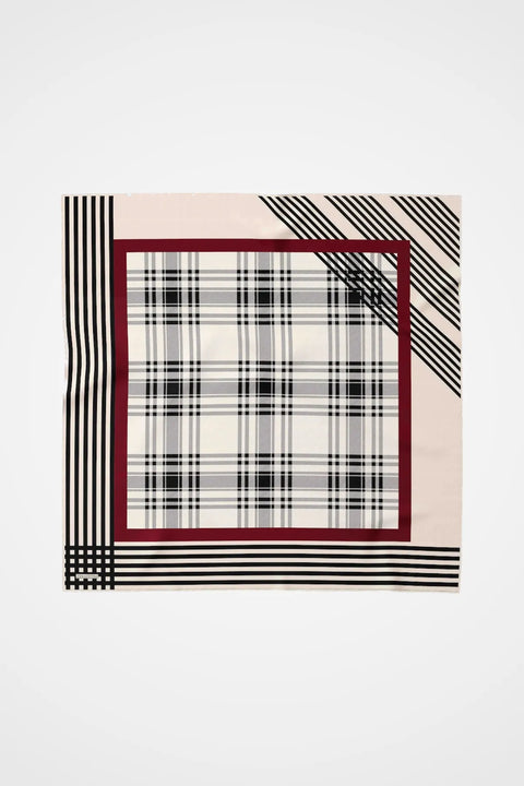 Ekose Krem-Bordo Tivil İpek Eşarp 90x90
