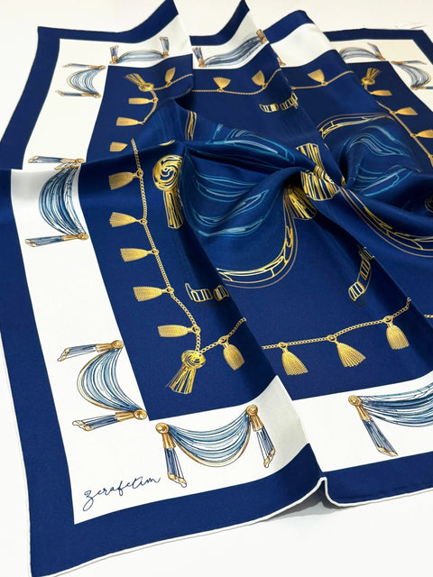 Curtain Desen Lacivert-Beyaz Tivil İpek Eşarp