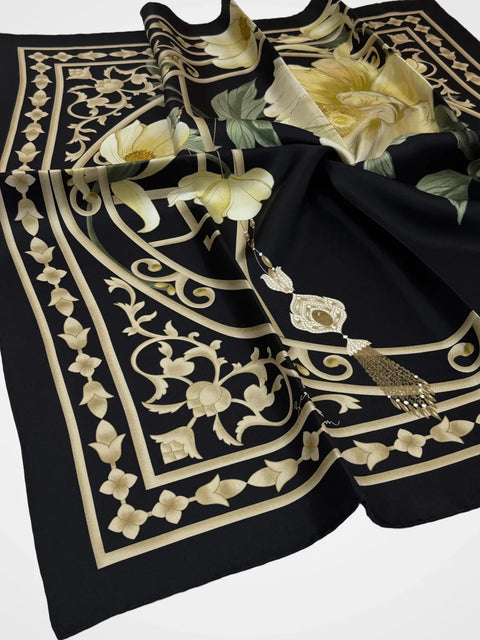 Saraygülü Siyah-Gold Sarı Tivil İpek Eşarp 90x90