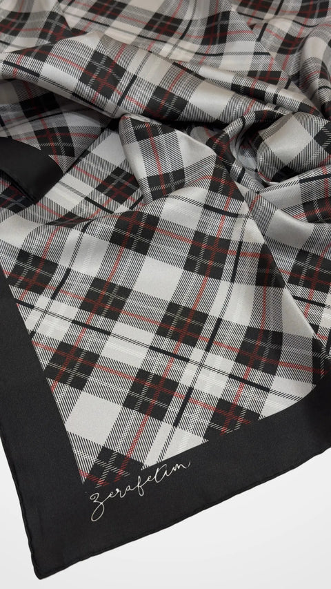 Tartan Desen Gri-Antrasit Tivil İpek Eşarp