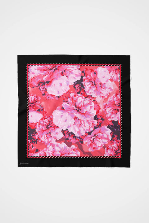 Peony Bouquet Desen Mercan-Kırmızı-Siyah Tivil İpek Eşarp