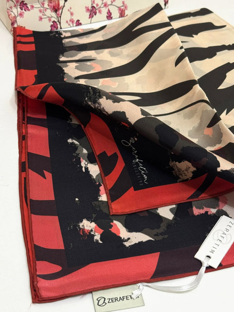 Zebra Desen Krem-Kırmızı Exclusive Tivil İpek Eşarp