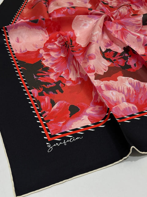 Peony Bouquet Desen Mercan-Kırmızı-Siyah Tivil İpek Eşarp