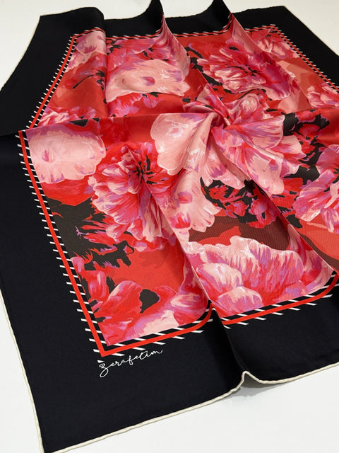 Peony Bouquet Desen Mercan-Kırmızı-Siyah Tivil İpek Eşarp