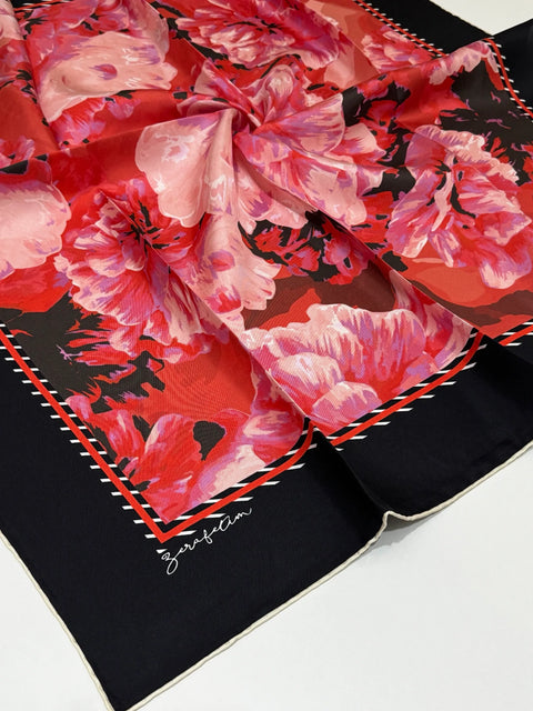 Peony Bouquet Desen Mercan-Kırmızı-Siyah Tivil İpek Eşarp